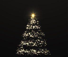 Wall Mural - christmas shiny golden tree with glowing lights on dark abstract background.