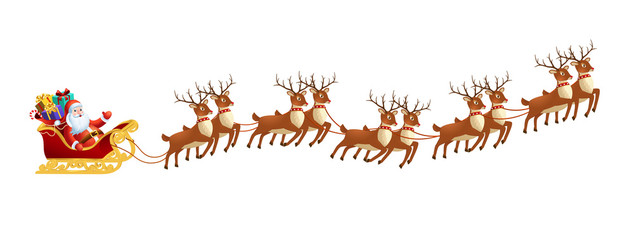 Santa claus in sleigh with reindeers on on white background. Merry christmas and Happy new year decoration.