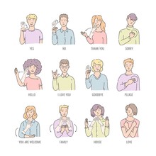 Vector men, women showing basic deaf-mute sign language symbol. Smiling sketch female, male character and hand communication sign set. Different social communication, basic word