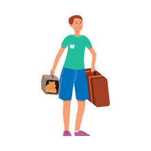 Young Man In Summer Clothing Holding Brown Vintage Travel Suitcase, Cat Carrier Smiling. Happy Male Character, Traveller, Tourist Going To Vacation. Vector Illustration