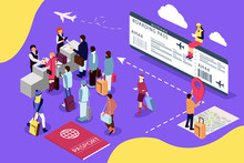 Airport Isometric Travel Concept With Reception And Passport Check Desk, Waiting Hall, Control. Illustration For Web Page, Banner, Social Media, Documents, Cards, Posters.