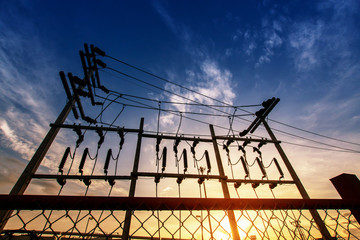 Electric pole blue sky background, morning In a tropical area, Phuket Thailand