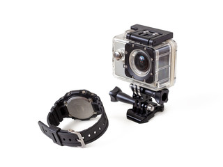 Black plastic watch and mini video camera