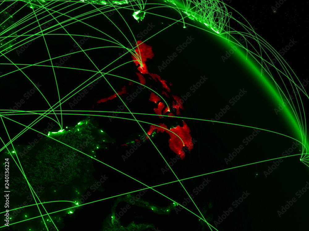 Philippines from space on model of green planet Earth with network ...