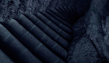 Terrible Dark Atmospheric Stairs In Medieval Castle Stone Upstairs Corridor Path Way In Twilight Blue Color Environment 