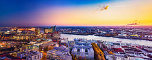 Panoramic Aerial View Of The Harbor District, The Concert Hall "Elbphilharmonie" And Downtown Hamburg, Germany, At Dusk.