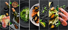 A Photo Collage Of Seafood Dishes. Top View On Black Background.