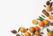 Christmas Composition With Ripe Tangerines And Space For Text On White Background, Flat Lay