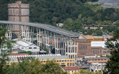 Genoa (Genova), Italy, what is left of collapsed Morandi Bridge (Polcevera viaduct) connecting A10 motorway after structural failure causing 43 casualties on August 14, 2018