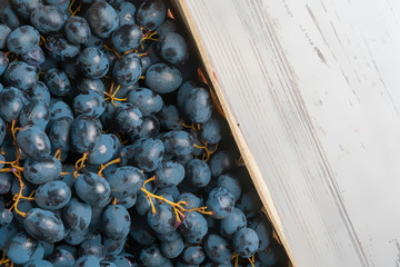 Wall Mural - blue grapes in wooden crate on wooden table