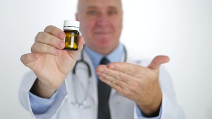 Wall Mural - Doctor Presentation Smile Showing with Hand Recommending New Pills Treatment