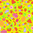 Funny vegan seamless pattern with colorful fruits and vegetables. Yummy background. 