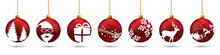 Banners From Different Red Christmas Balls. Christmas Symbol Icons Hanging, Merry Christmas, Happy New Year – For Stock