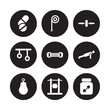 © CoolVectorStock - 9 vector icon set : Press Simulator, Rope, Punching ball, Push up, Resistance band, Roller, Rings, Protein shake isolated on black background