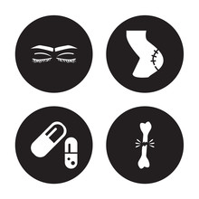 4 Vector Icon Set : Closed Eyes With Lashes And Brows, Capsule Black White Variant, Cellulite, Broken Bone Isolated On Background