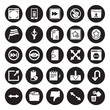 © CoolVectorStock - 25 vector icon set : Full screen, Diagonal arrow, Dislike, Documents, Double Favorites Button, Expand, Edit, Enlarge, Flag, Forward, battery isolated on black background.