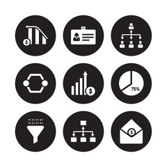 Wall Mural - 9 vector icon set : Increasing stocks, Id card, Funneling Data, Graph pie, Growth, Hierarchy, Hexagonal Interconnections, Flow chart isolated on black background