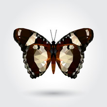 Low Polygon Butterfly White Dot Black Stripe Wings Isolated On White Background, Fresh Brown Insects Flying. Logo Icon Geometric. Bug Polygonal Crystal Style.