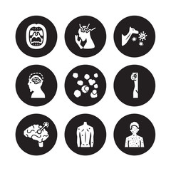 9 vector icon set : Measles, Mattticular syndrome, Lymphogranuloma venereum, Lymphoma, Mad cow disease, Marburg fever, Malaria, Lyme disease isolated on black background