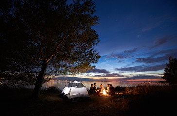 group of five tourists having a rest on lake shore around campfire near tent under big tree and blue