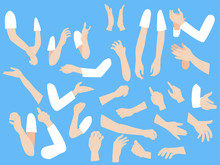 Set Of Human Hands With Different Gestures Collection For Design, Animation,Palm And Finger Draw Icons, Skin, White Long Sleeved Shirt, Arm On Blue Background, Flat Style Cartoon Vector Illustration.