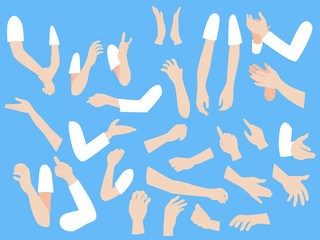 set of human hands with different gestures collection for design, animation,palm and finger draw ico