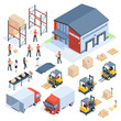 © Tartila - Isometric warehouse logistic. Cargo transport industry, wholesale distribution logistics and distributed pallets 3d isometric vector set