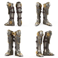 Iron fantasy high boots knight armor isolated on white background. 3d illustration