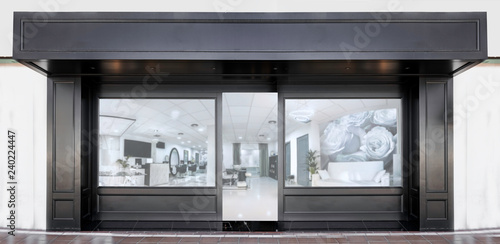 Download Outdoor Mockup Store Template Front View Black Of Generic Store Facade With Windows Display And Blanck Posters Stock Photo Adobe Stock