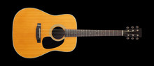 Musical Instrument - Front View Classic Vintage Acoustic Guitar. Isolated Black Background