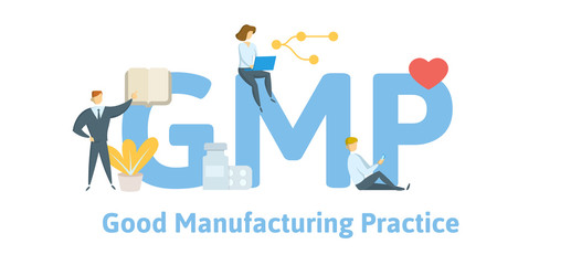 GMP, Good Manufacturing Practice. Concept with keywords, letters and icons. Colored flat vector illustration. Isolated on white background.