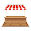 © SpicyTruffel - Empty market stall. Wooden kiosk, street grocery stand with striped awning and counter desk vector template