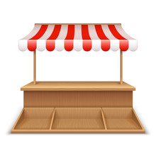 Empty Market Stall. Wooden Kiosk, Street Grocery Stand With Striped Awning And Counter Desk Vector Template
