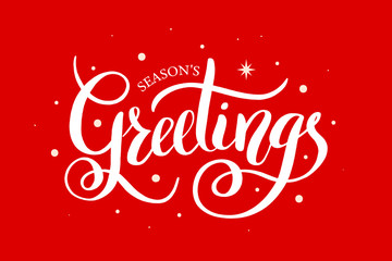 Season's Greetings brush calligraphy vector banner. Lettering winter frosty card white text on a snowy red background. Christmas posters, cards, headers, website