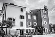 Colorful guest houses in Piran, Slovenia, colorless