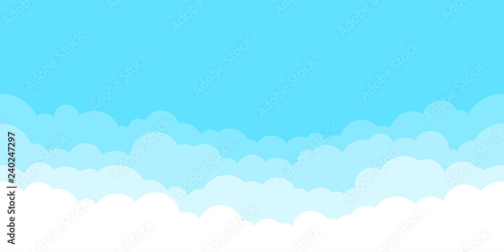 Blue sky with white clouds background. Border of clouds. Simple cartoon design. Flat style vector illustration. - obrazy, fototapety, plakaty 