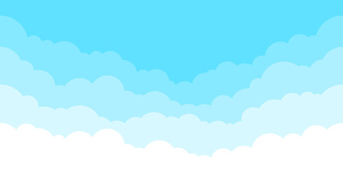 Wall Mural - Blue sky with white clouds background. Border of clouds. Simple cartoon design. Flat style vector illustration.