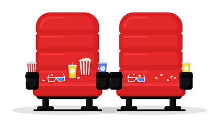 Wall Mural - cinema seats isolated on white background. simple modern cartoon design. red chair, popcorn, 3d glas