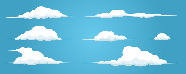 Wall Mural - Clouds set isolated on a blue background. Simple cute cartoon design. Icon or logo collection. Realistic elements. Flat style vector illustration.