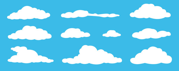 Wall Mural - Clouds set isolated on a blue background. Simple cute cartoon design. Icon or logo collection. Realistic elements. Flat style vector illustration.