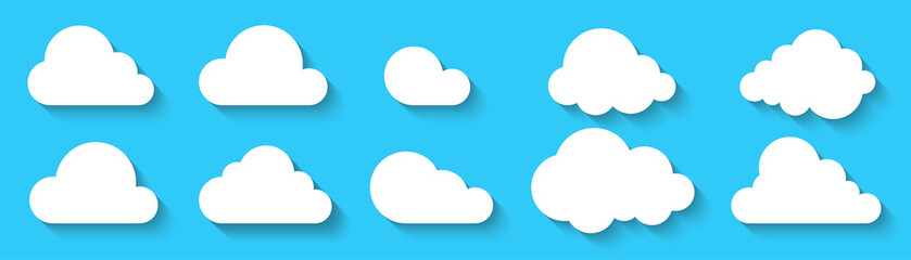 Wall Mural - Clouds icon set isolated on a blue background. Logo and sign. Cloud technologies. Simple modern design. Flat style vector illustration.