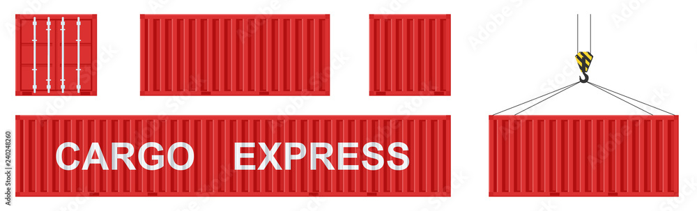 Cargo container set isolated on white background. Colorful box from different sides collection. Freight shipping container hanging on crane hook. Simple design. Flat style vector illustration. - obrazy, fototapety, plakaty 