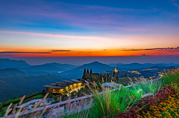 Early morning before sunrise at viewpoint coffee shop (Phra That Pha Son Kaew Temple) Khao Kho, Phetchabun province, Thailand.