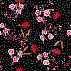 Wall Mural - A dark garden Seamless pink floral pattern with blooming ,Flowers  on hand drawn on tone polka dot background. Vector summer