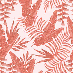 Wall Mural - Tropical living coral leaves seamless pattern pink background