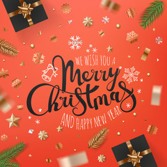 Holiday greeting card. Banner with different holiday accessories. Merry Christmas and Happy new year calligraphic logo