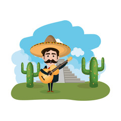 Poster - mariachi in the landscape with pyramid