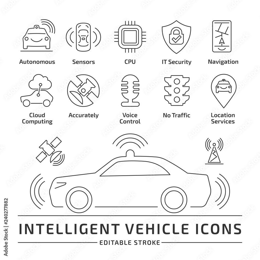 Intelligent vehicle editable stroke outline icons set. Self-driving ...