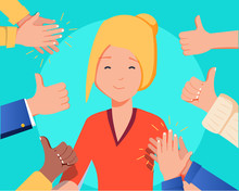Happy Woman Portrait With Thumbs Up And Human Hands Clapping Isolated On Background. Thumbs Up Flat Hands For Network