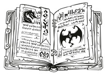 Cartoon Black And White Old Open Magic Spell Book With Dragons, Strange Symbols And Bookmark. Isolated On White Background. Vector Icon.